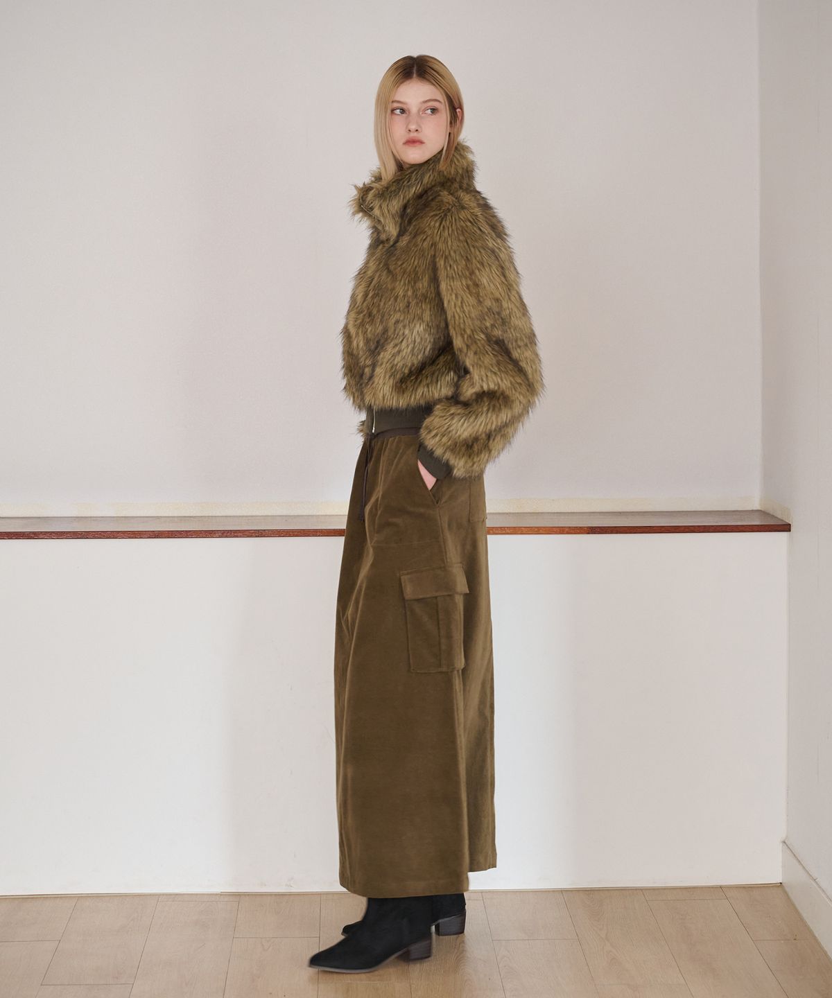 에트몽(ETMON) Flare Cargo Long Skirt, Khaki Brown