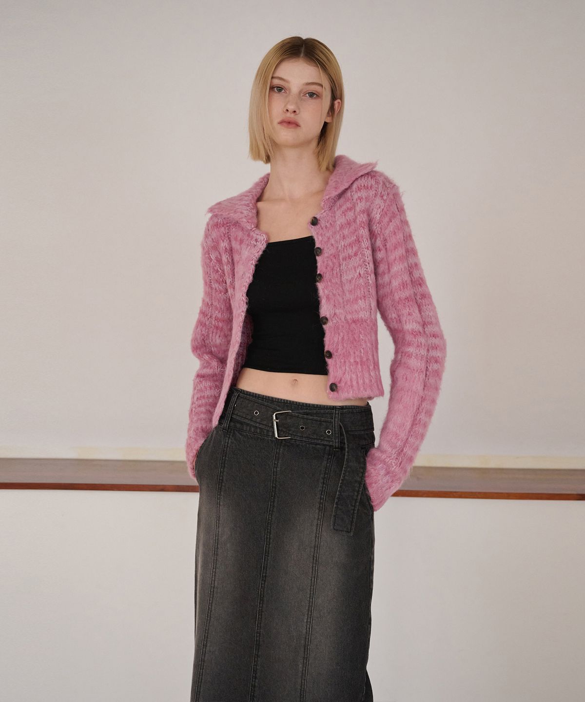 에트몽(ETMON) Color Blend Brush Knit Cardigan, Lavender Pink