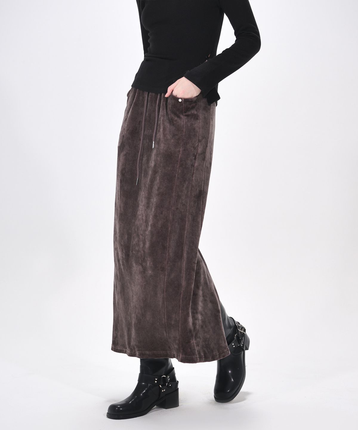 에트몽(ETMON) Velvet Banding Logo Skirt, Wine Brown