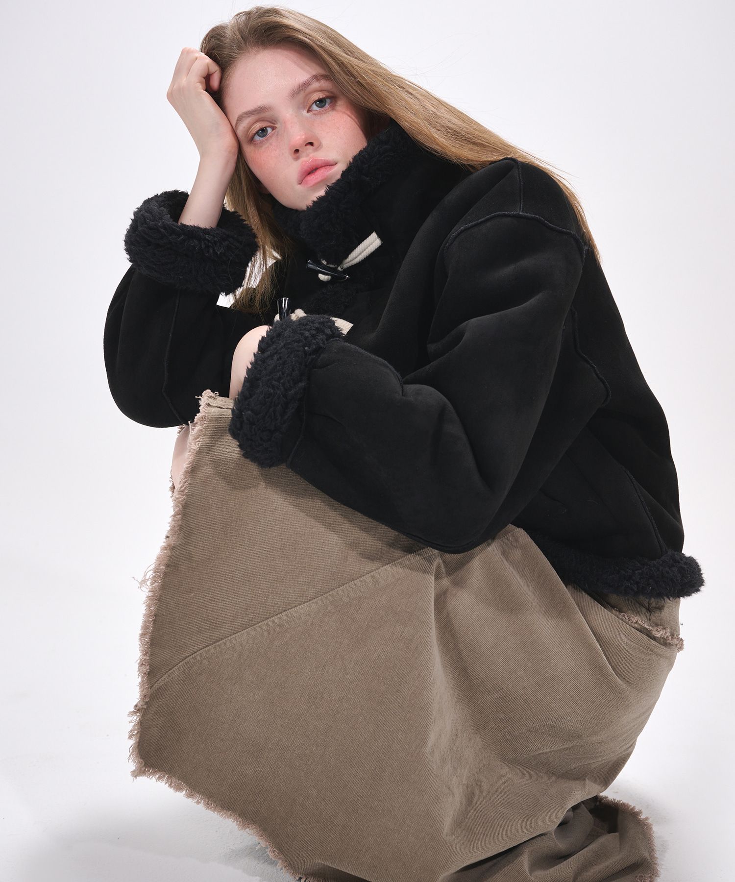 MUSINSA | ETMON High-Neck Suede Mustang Coat, Black