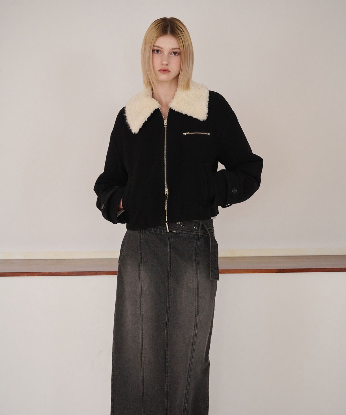 에트몽(ETMON) Fur Collar Wool Coat, Black