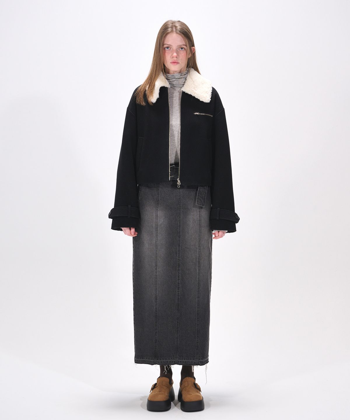 에트몽(ETMON) Fur Collar Wool Coat, Black