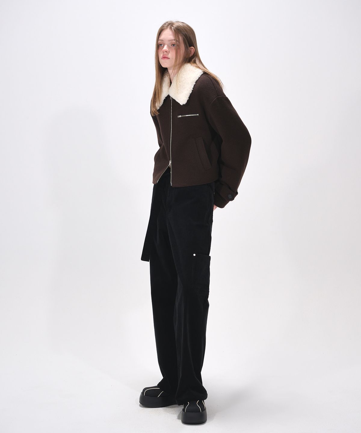 에트몽(ETMON) Fur Collar Wool Coat, Brown