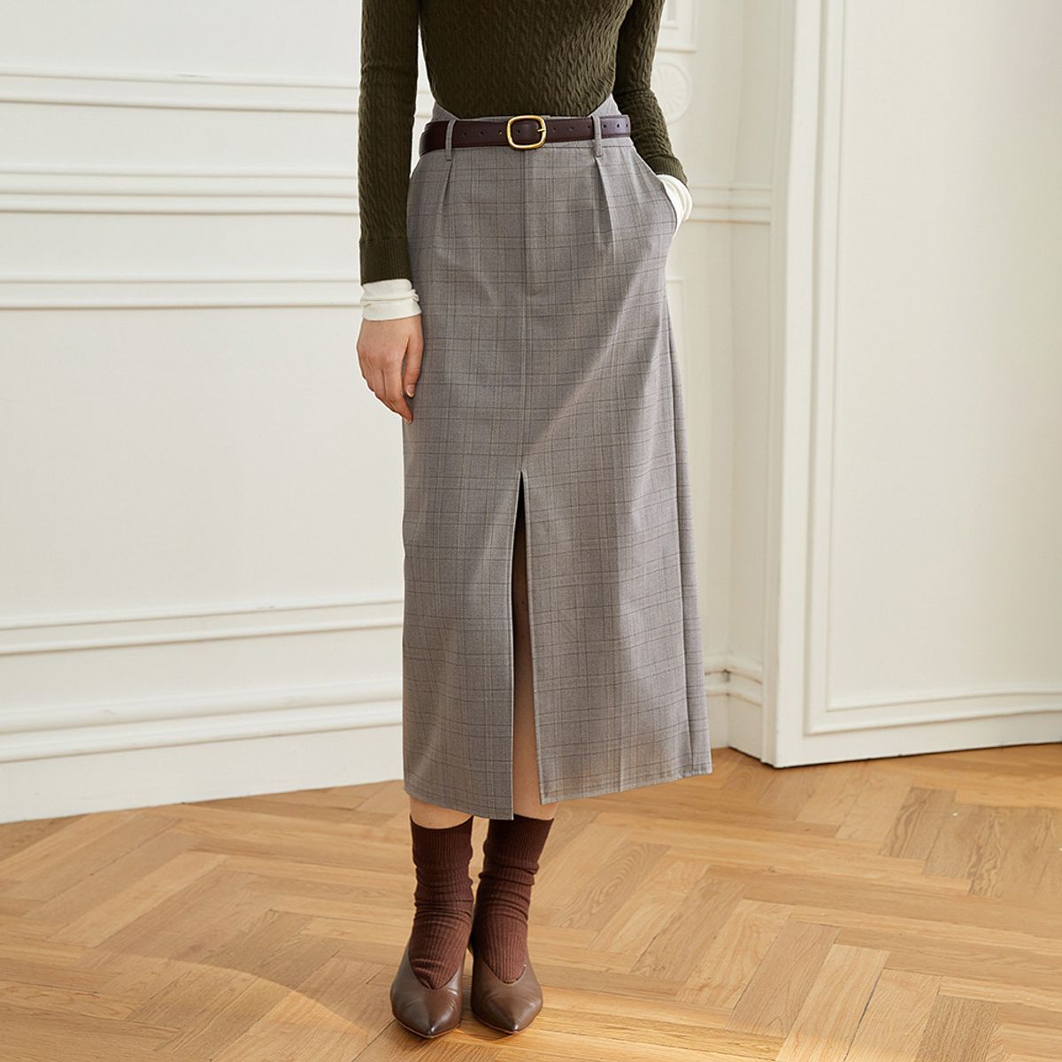 와이와이아이엠(YYIAM) YY_Classic plaid front slit skirt