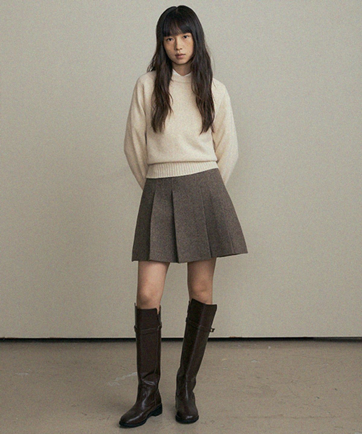 링서울(LINGSEOUL) wool pleated short skirt-brown