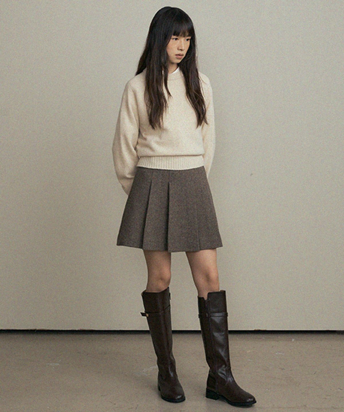 링서울(LINGSEOUL) wool pleated short skirt-brown