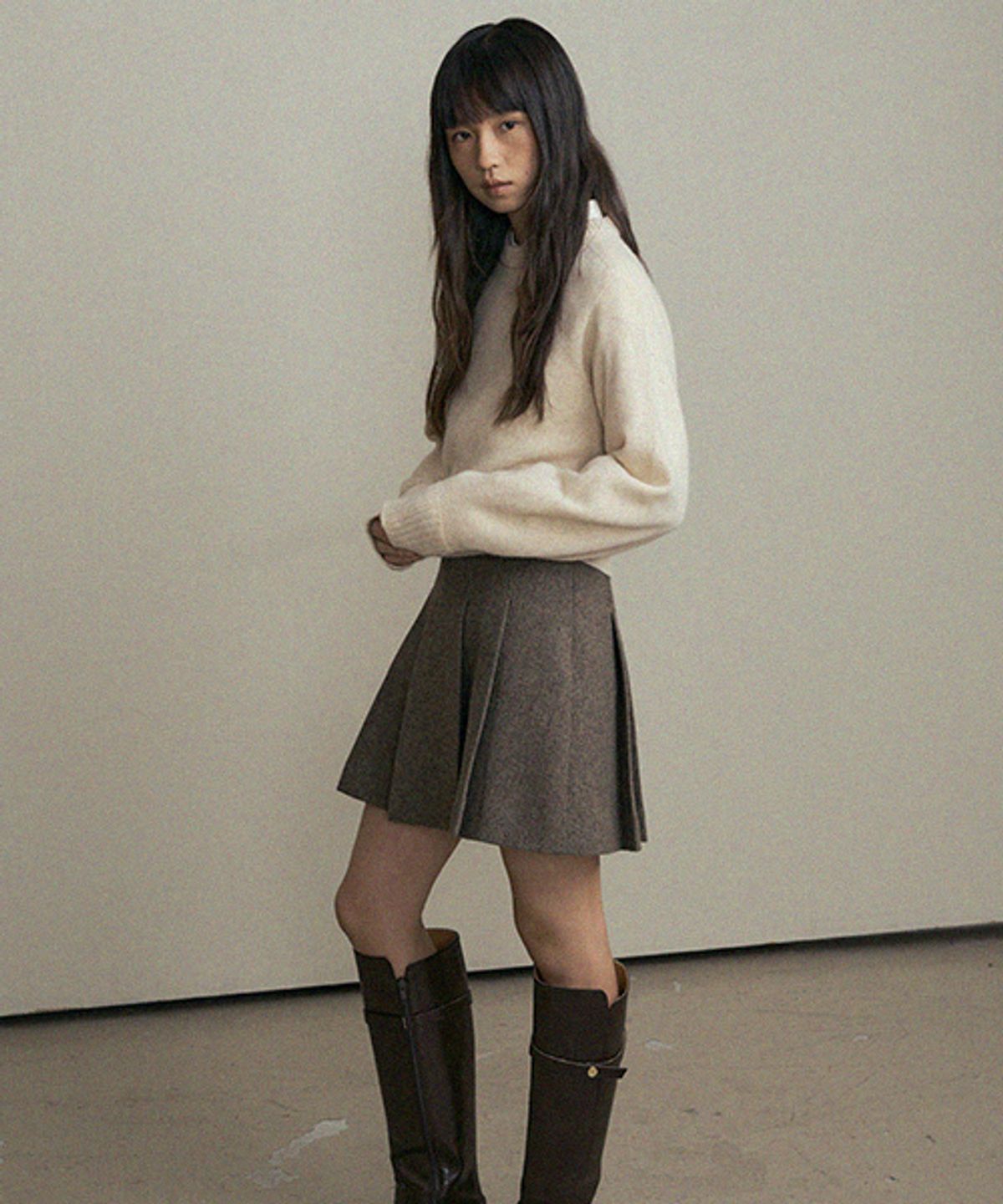 링서울(LINGSEOUL) wool pleated short skirt-brown