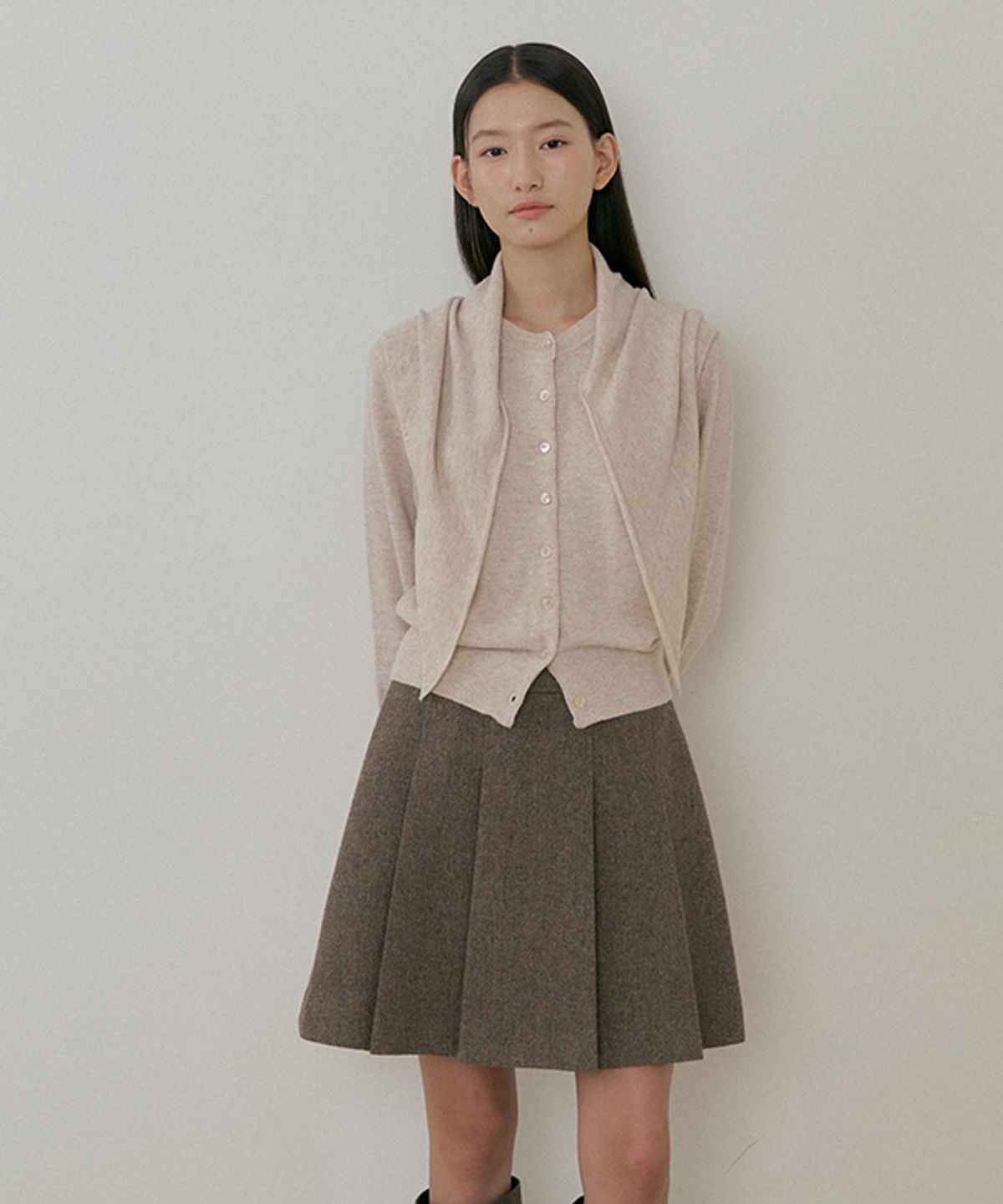 링서울(LINGSEOUL) wool pleated short skirt-brown