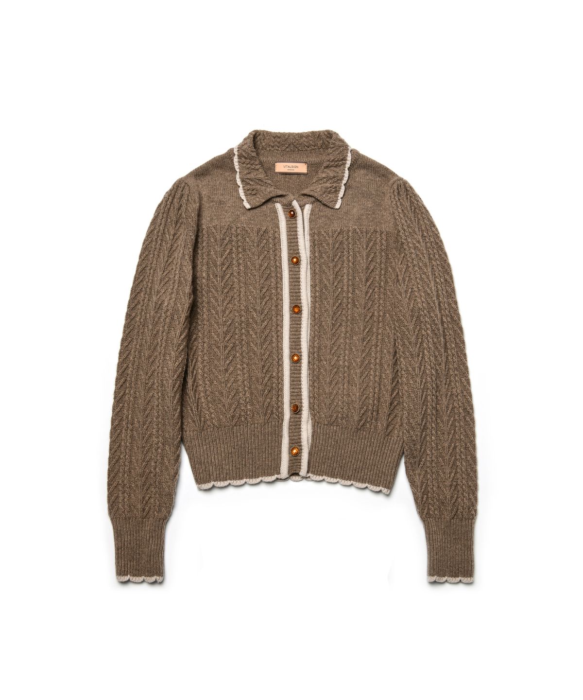 바이탈싸인(VITALSIGN) Wavy Collar Cable Merino Cardigan (Brown)