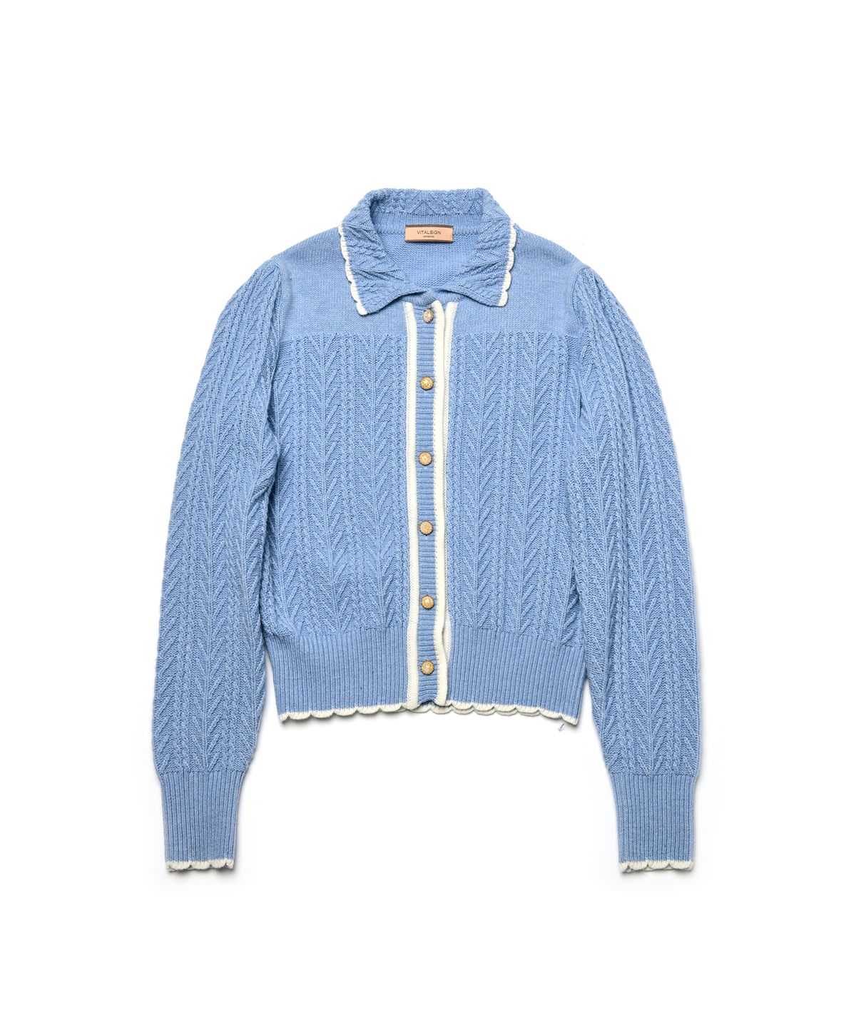 바이탈싸인(VITALSIGN) Wavy Collar Cable Merino Cardigan (Light Blue)