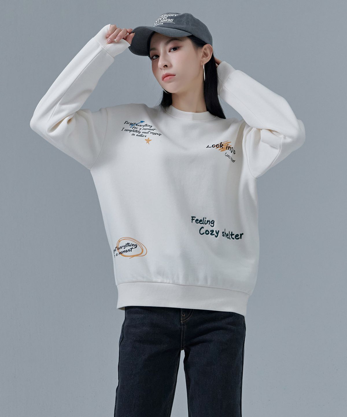 체이스컬트(CHASECULT) 공용 드로잉 기모 맨투맨 티셔츠-CFRU5125D0A