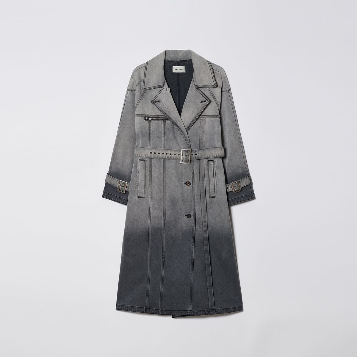 솔티페블(SALTY PEBBLE) GRADATION DENIM TRENCH COAT [GREY]