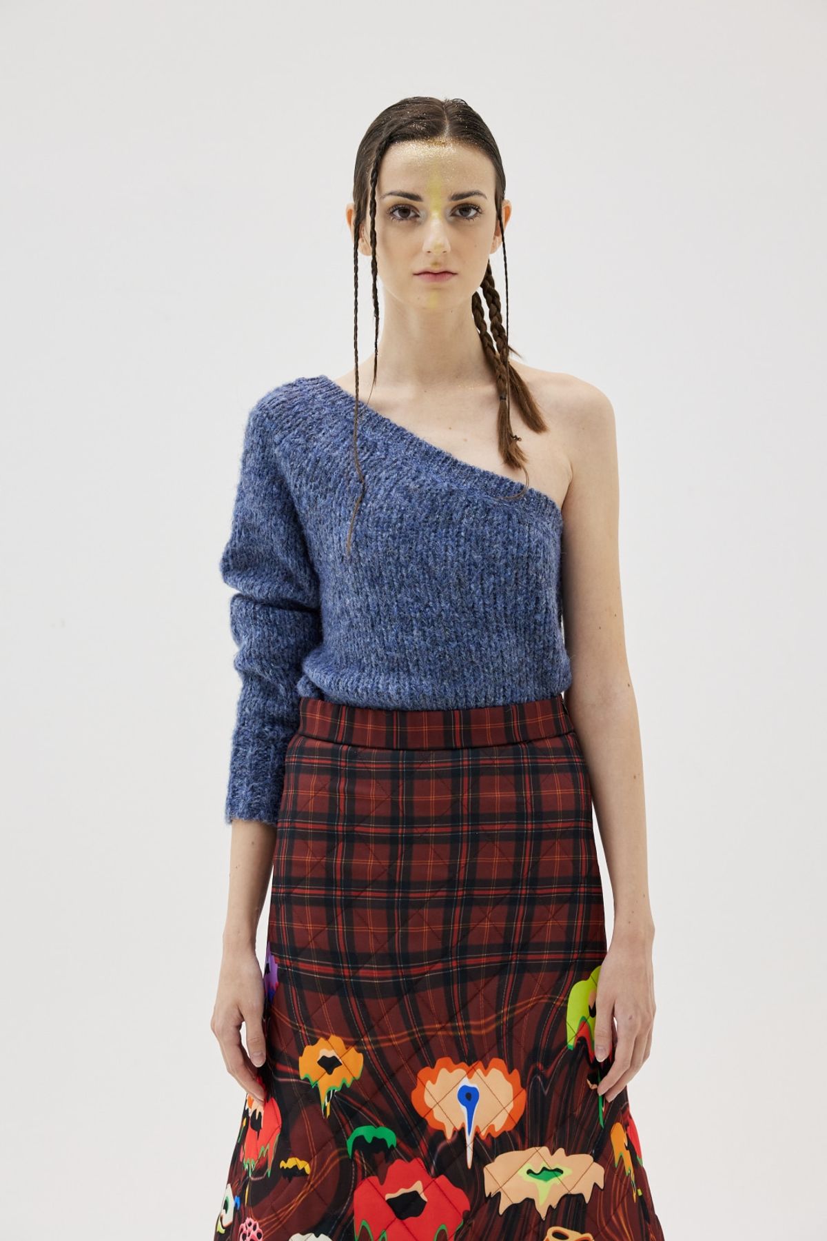 그리디어스(GREEDILOUS) One-Shoulder Knit Top Blue