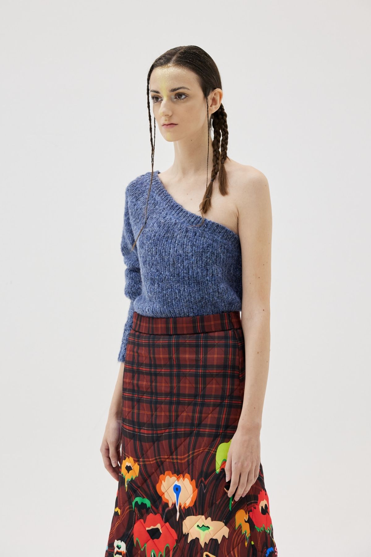 그리디어스(GREEDILOUS) One-Shoulder Knit Top Blue