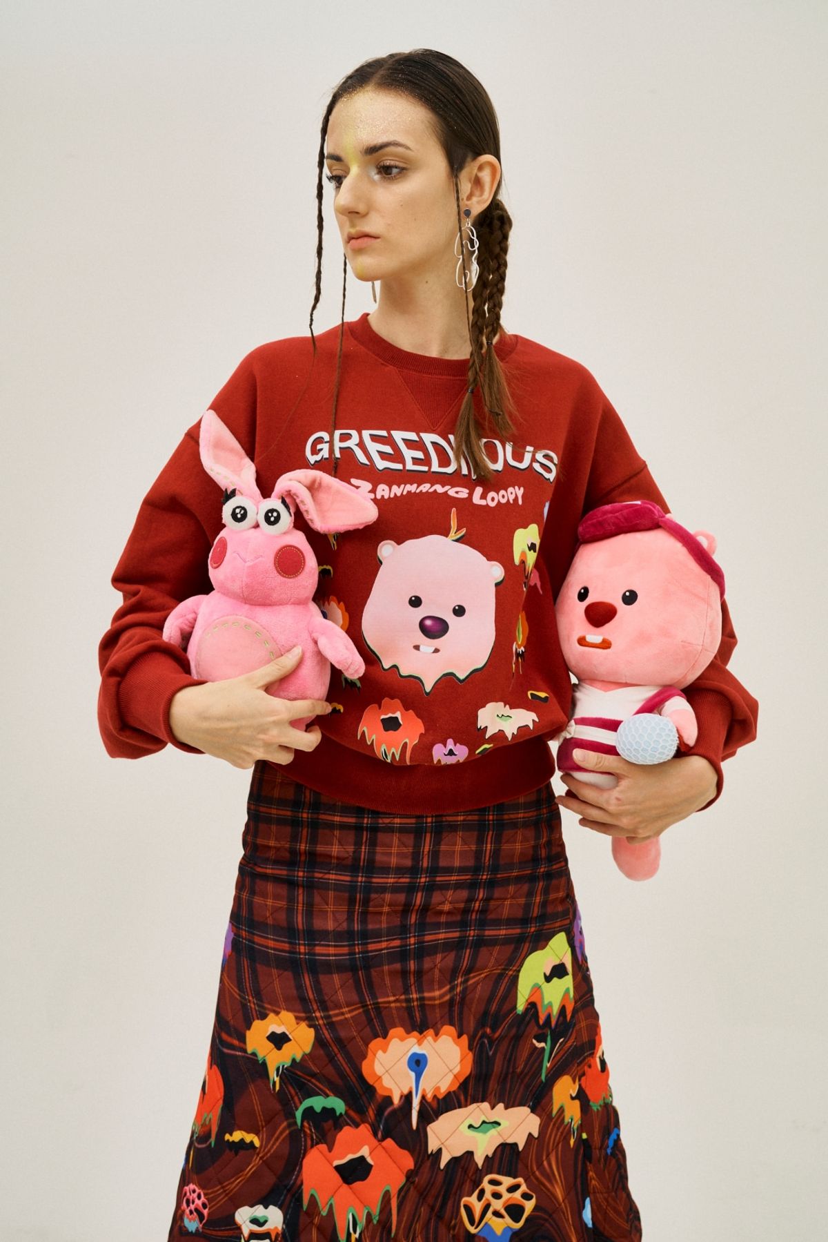 그리디어스(GREEDILOUS) Loopey Face Print Short Sweater Top Red
