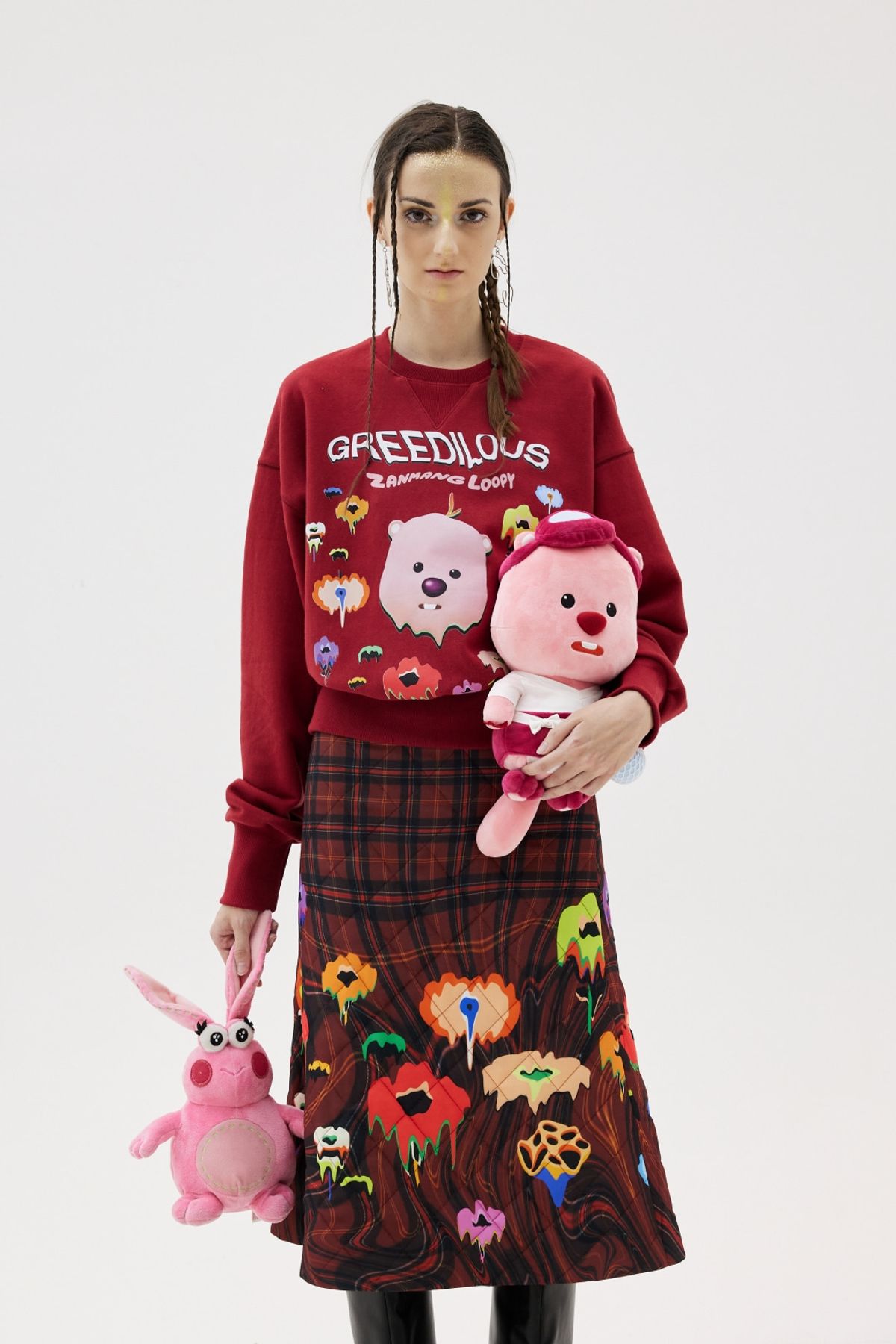 그리디어스(GREEDILOUS) Loopey Face Print Short Sweater Top Red