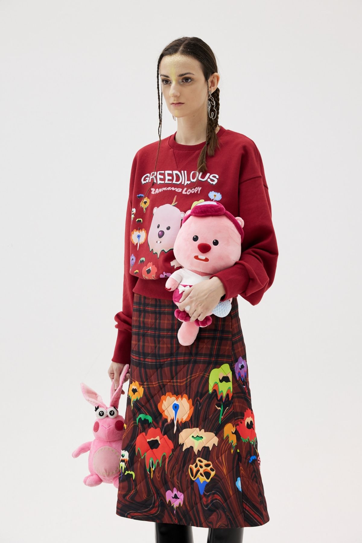 그리디어스(GREEDILOUS) Loopey Face Print Short Sweater Top Red