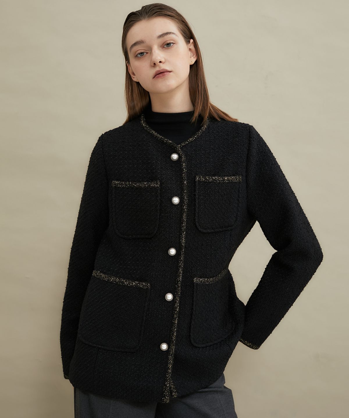 마나비스세븐(MANAVIS7) 진주 소프트 트위드자켓 [블랙]