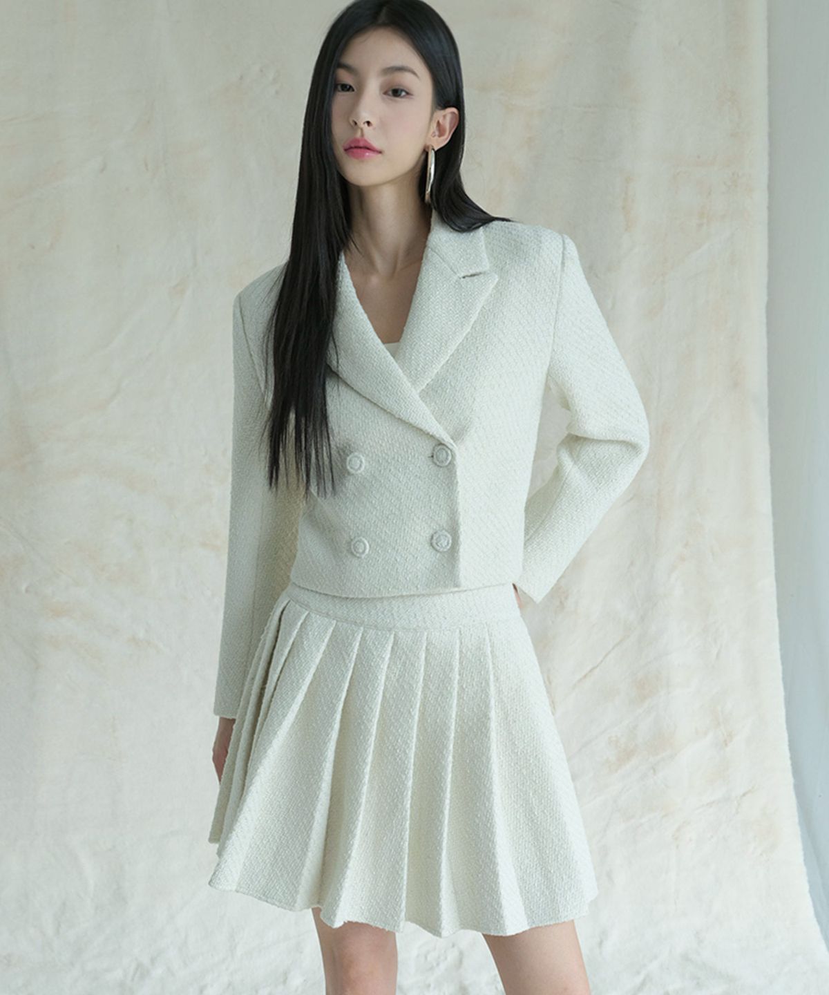 어반드레스(AVANDRESS) [SET] Daphne Tweed Double Button Crop Jacket & Pleated Skirt - 2COL