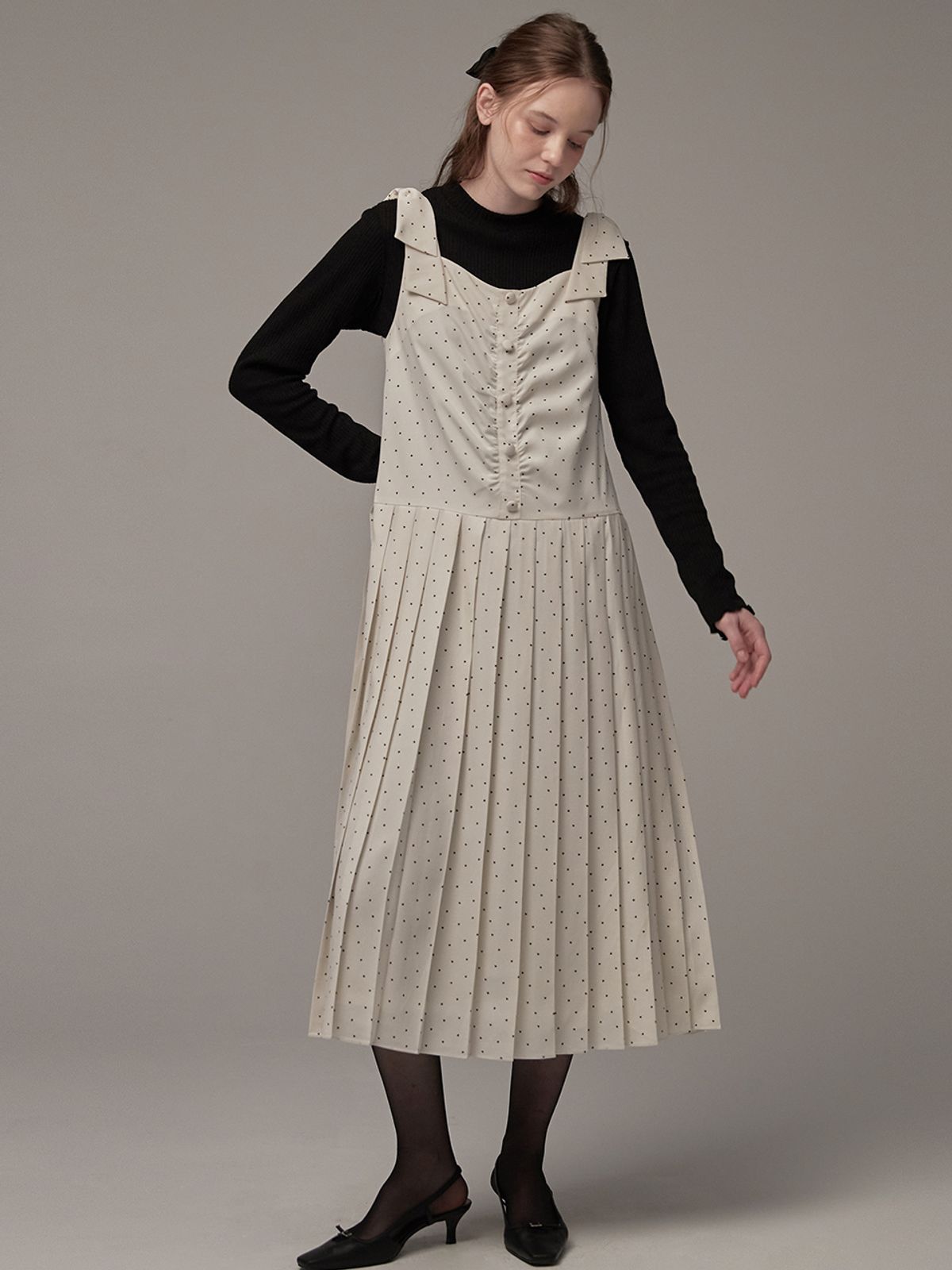 비뮤즈맨션(BEMUSE MANSION) Detachable ribbon pleated dress - Ivory heart