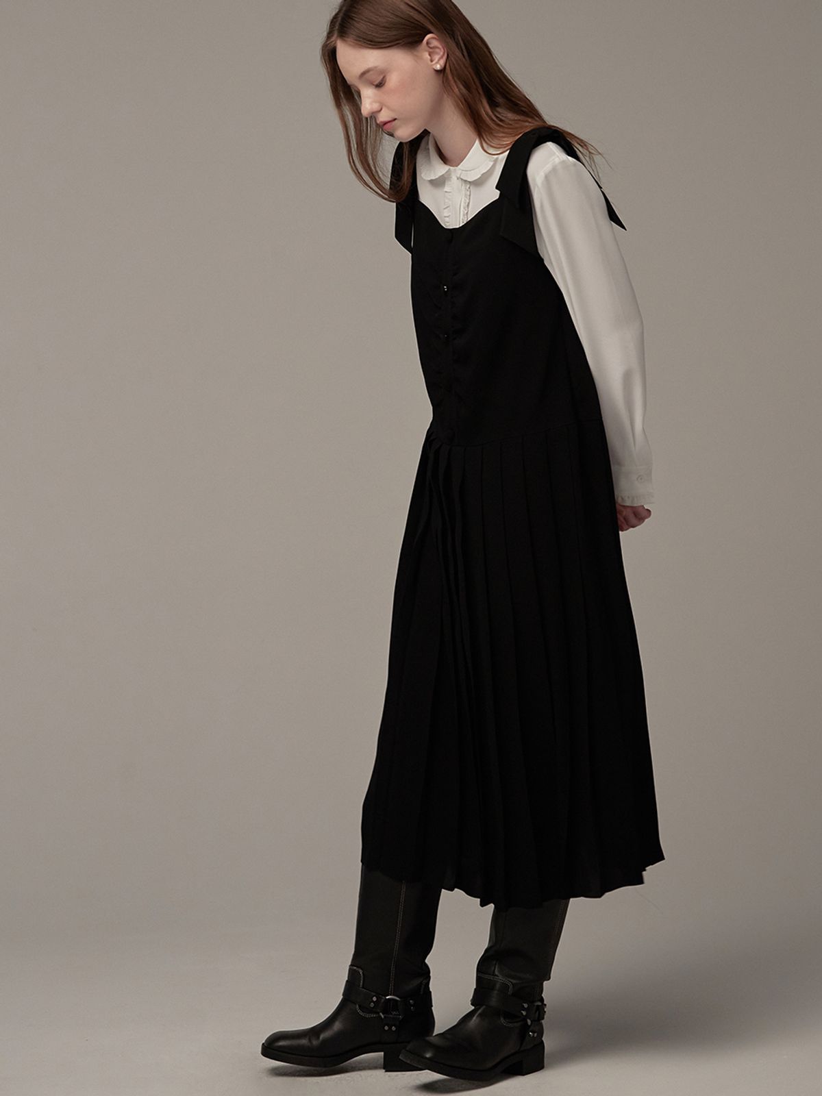 비뮤즈맨션(BEMUSE MANSION) Detachable ribbon pleated dress - Ivory heart