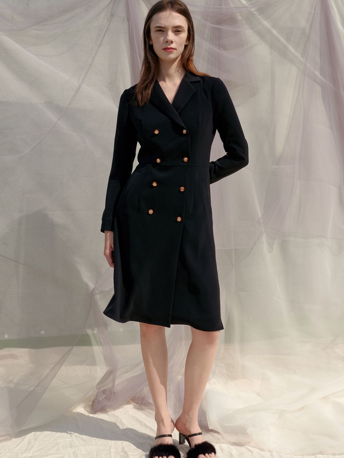쏘리, 투 머치 러브(SORRY, TOO MUCH LOVE) Double Button Trench Style Dress_Black