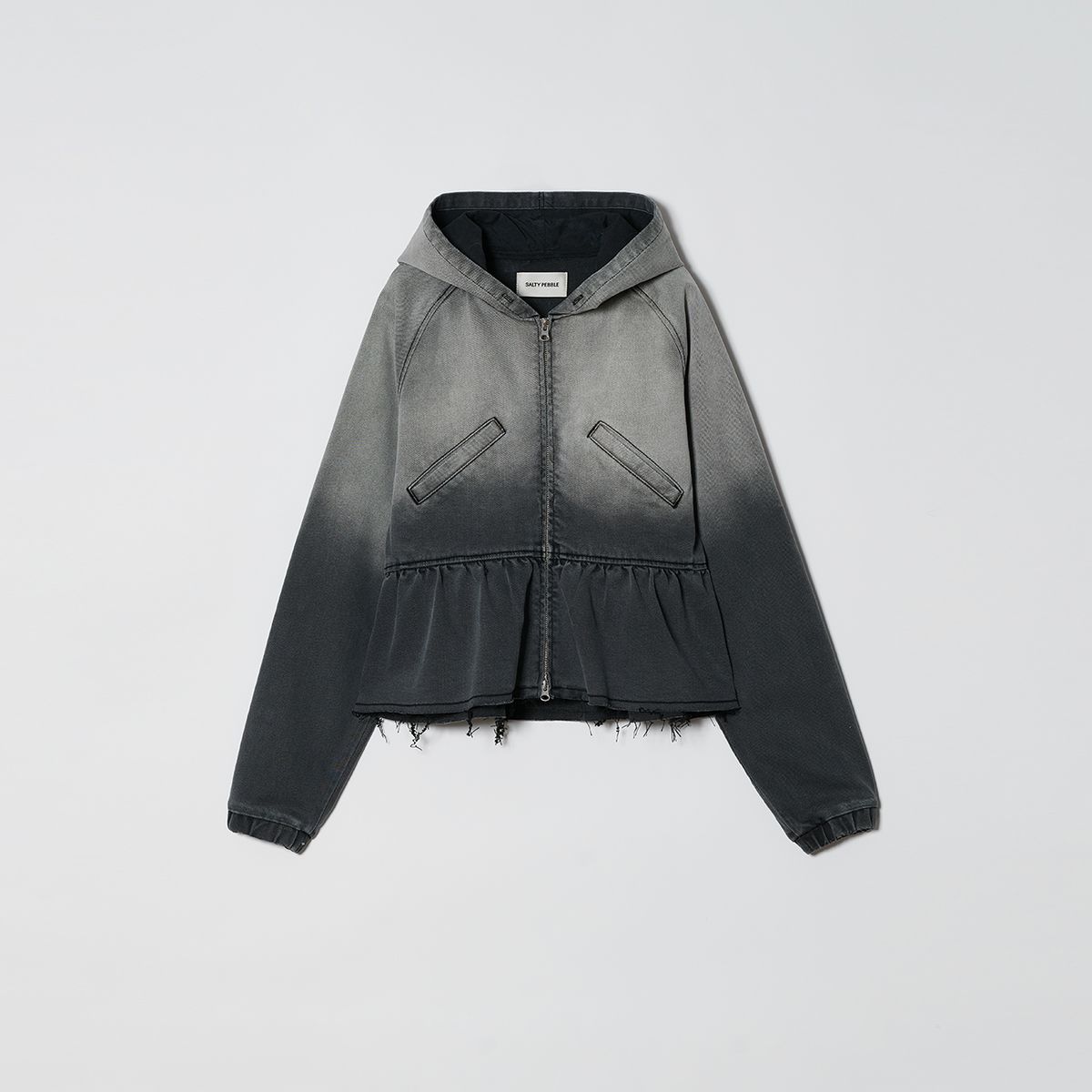 솔티페블(SALTY PEBBLE) GRADATION DENIM FLARED HOOD ZIP UP [GREY]