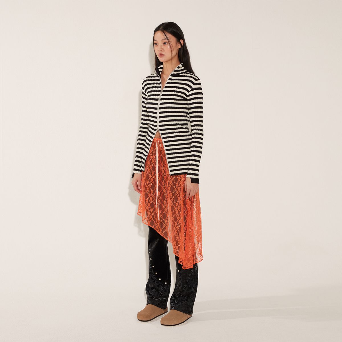 솔티페블(SALTY PEBBLE) HIGH NECK KNIT ZIP UP [STRIPE]