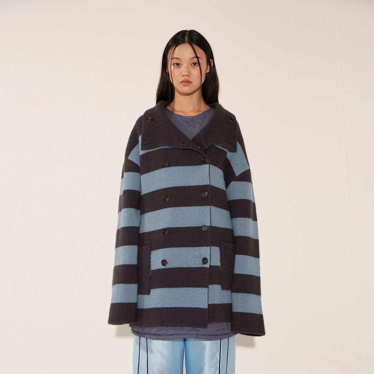 솔티페블(SALTY PEBBLE) REVERSIBLE STRIPE COAT [ASH BLUE]