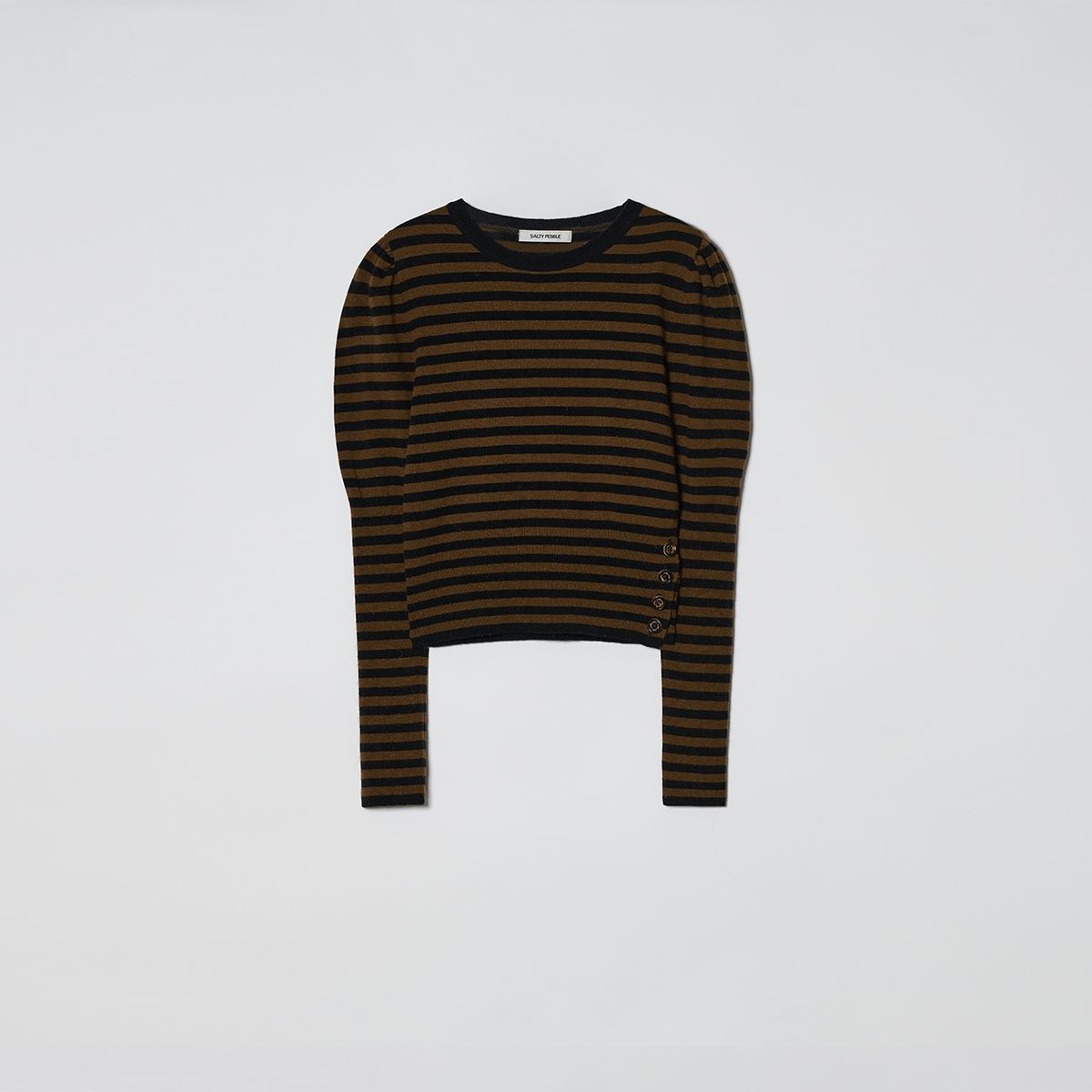 솔티페블(SALTY PEBBLE) STRIPE PUFF KNIT TOP [BROWN]
