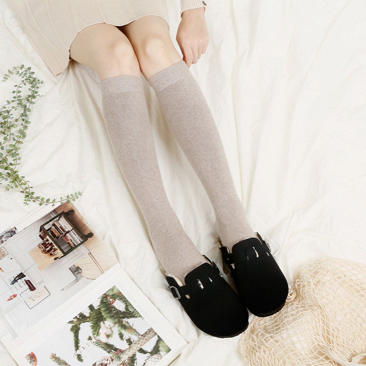 삭스에이(SOCKSA) [2켤레]두꺼운 순면 통파일 무지 156N 니삭스 스타킹 7색상