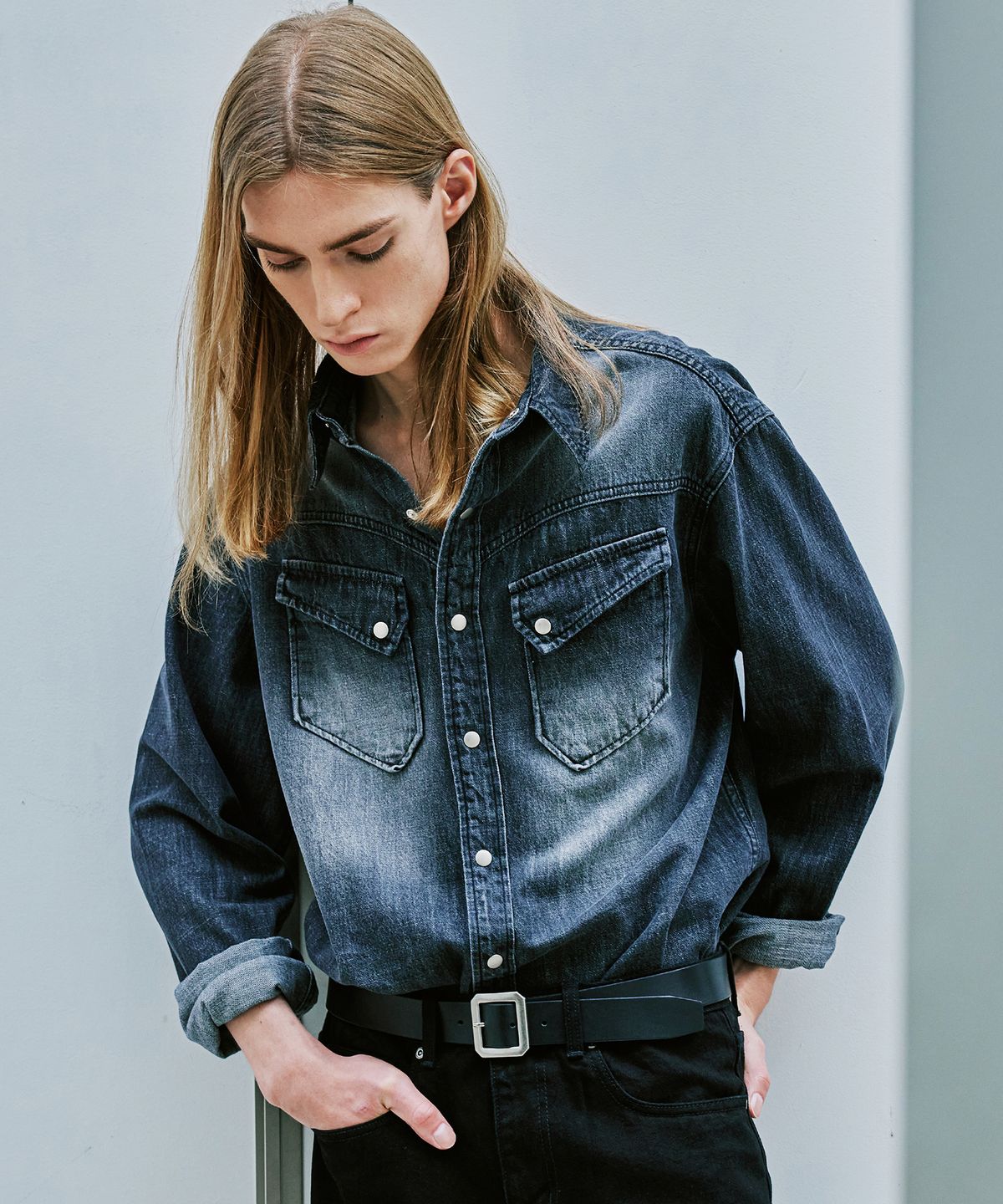 케이엔드(KND) 워시드 데님 웨스턴 셔츠 블랙