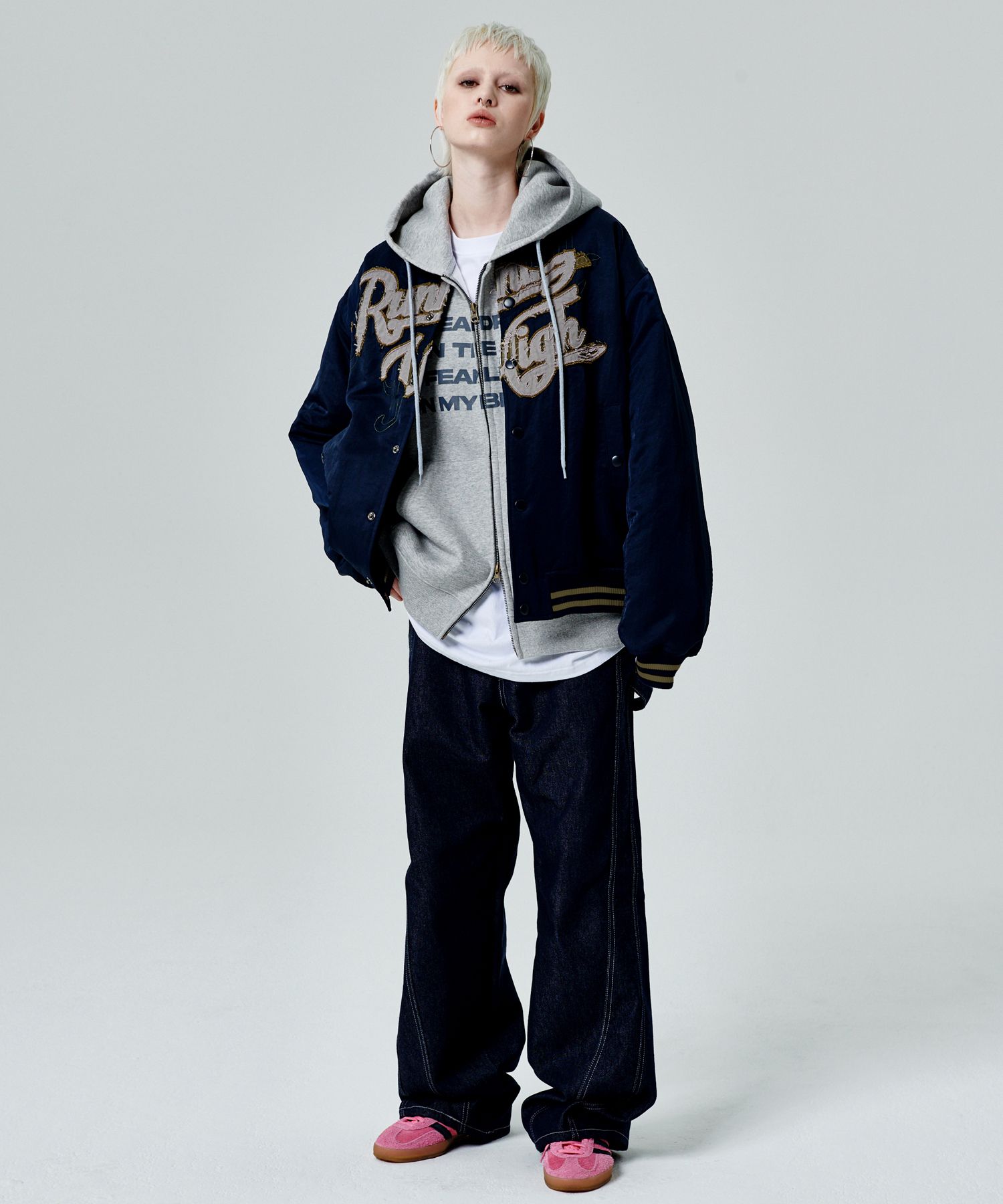 MUSINSA | RUNNING HIGH Patch logo varsity jacket [navy]