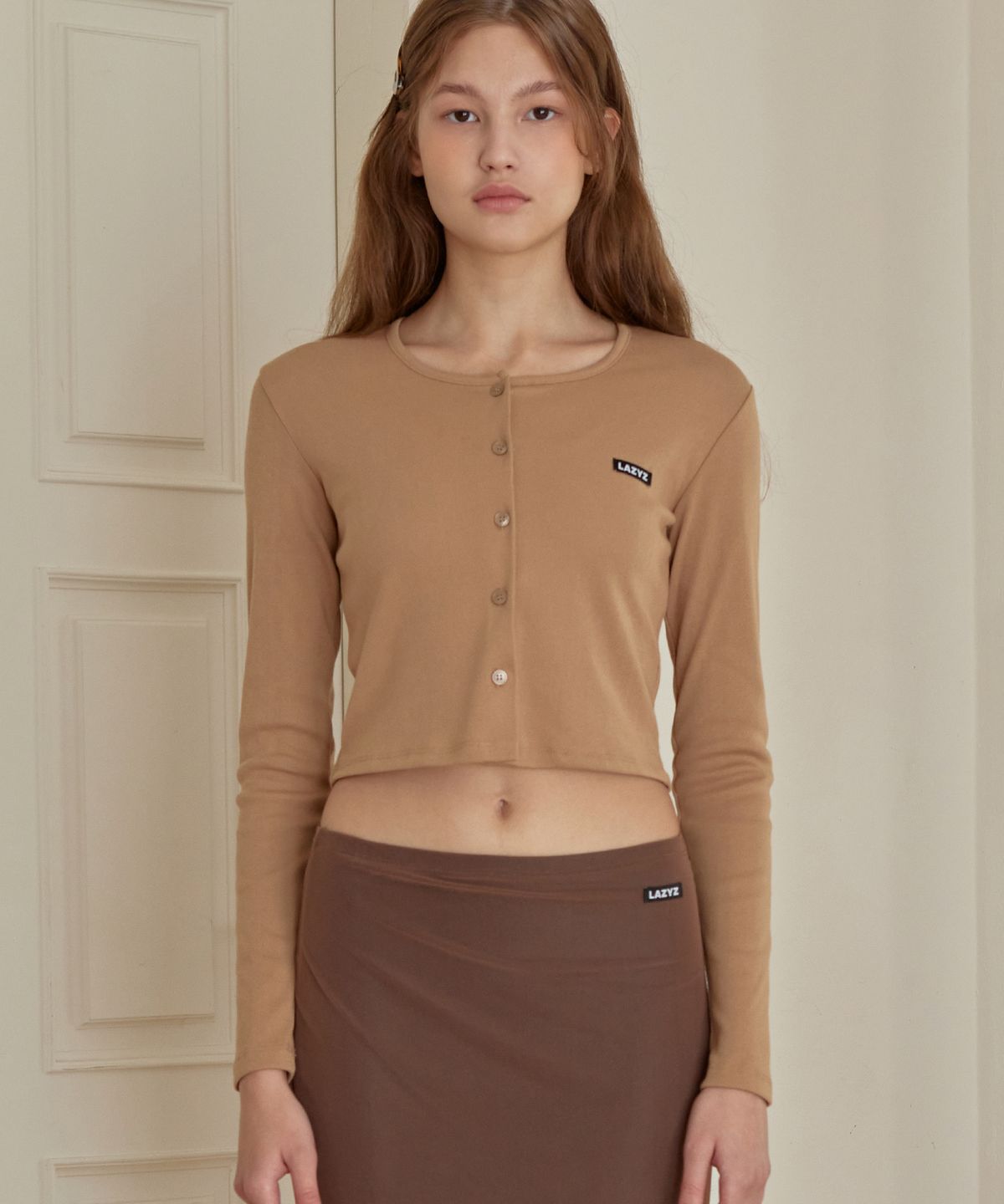 레이지지(LAZYZ) 라벨 유넥 크롭 가디건 (5colors)