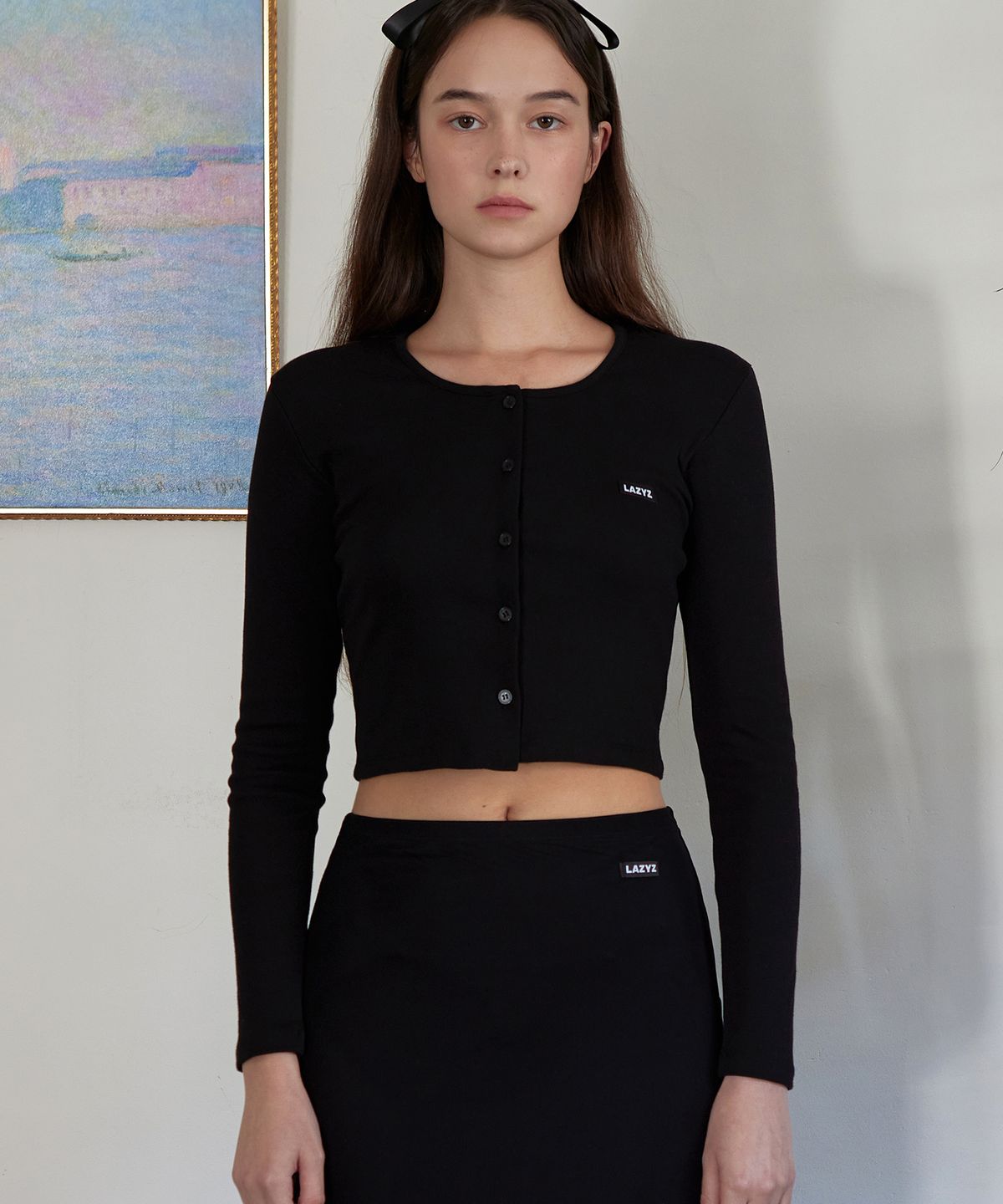 레이지지(LAZYZ) 라벨 유넥 크롭 가디건 (5colors)