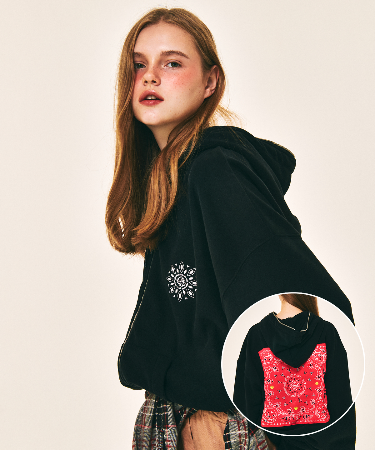 벌스원(VERSE ONE) PAISLEY LOGO BANDANA FULL ZIP HOODIE BLACK/RED