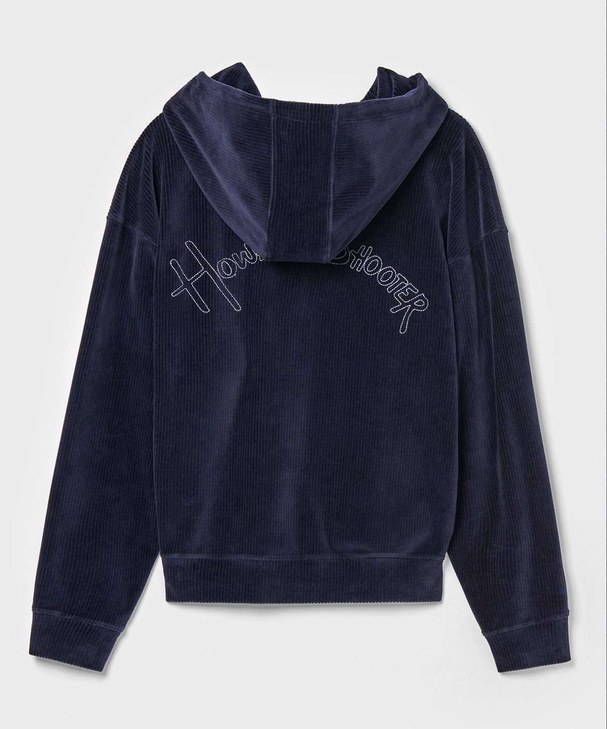 하워드슈터(HOWARDSHOOTER) 남여공용 코듀로이 스판 후드 티셔츠 세미오버핏 네이비(CORDUROY ARCH LOGO HOODIE NAVY)