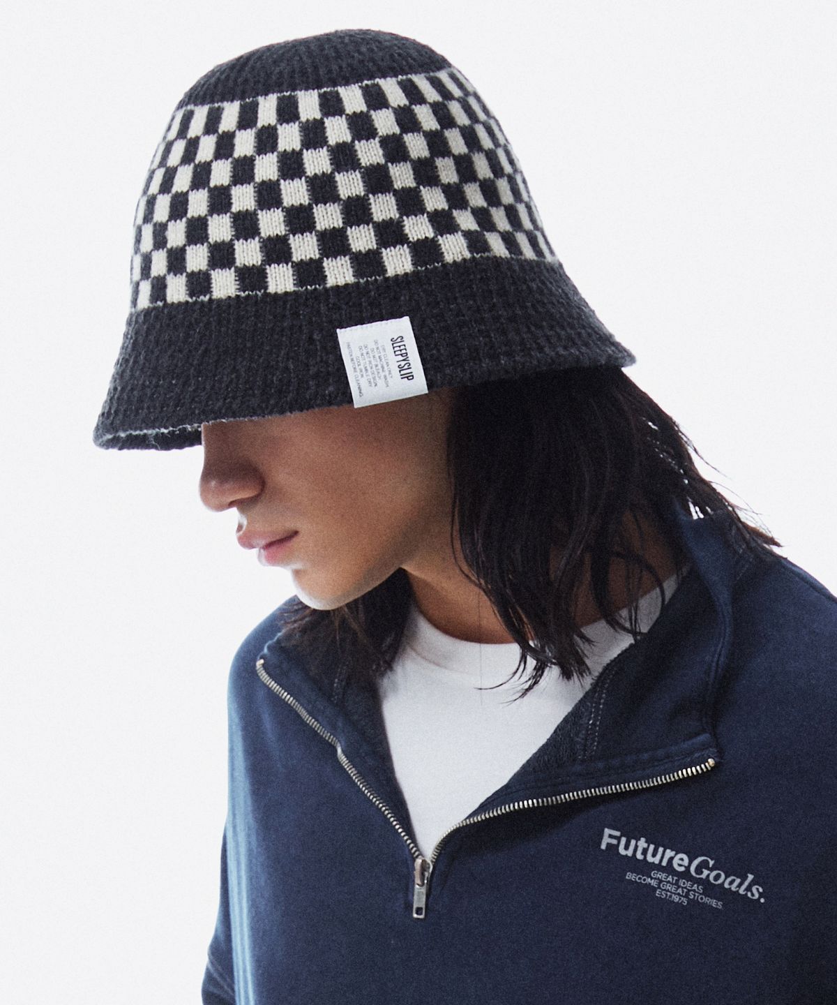 슬리피슬립(SLEEPYSLIP) CHESSBOARD CHARCOAL BUCKET HAT