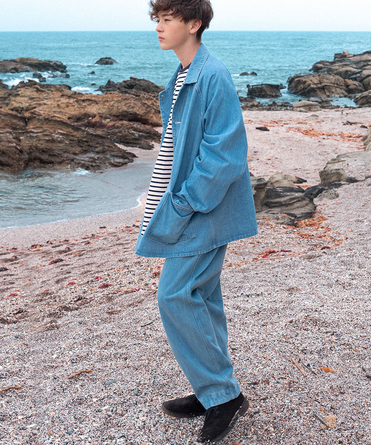 미드나잇12에이엠(MIDNIGHT12AM) 와이드 테이퍼드 데님 팬츠-블루
