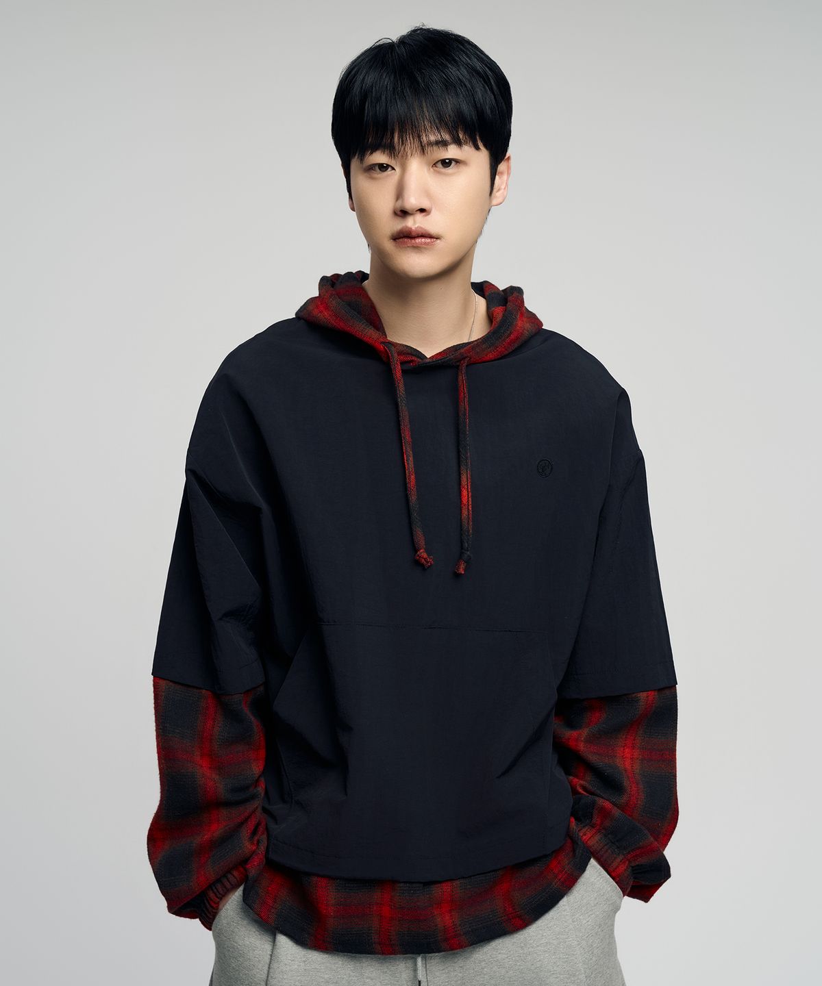 슬로우 레코드 하우스(SLOW RECORD HOUSE) 후드 체크 레이어드 셔츠_레드