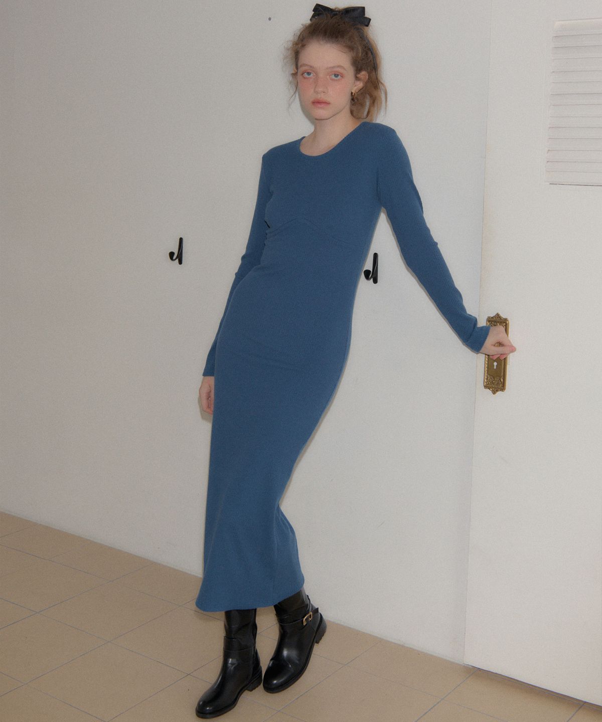 살롱 드 욘(SALON DE YOHN) Line Point Basic Jersey Dress_ Blue