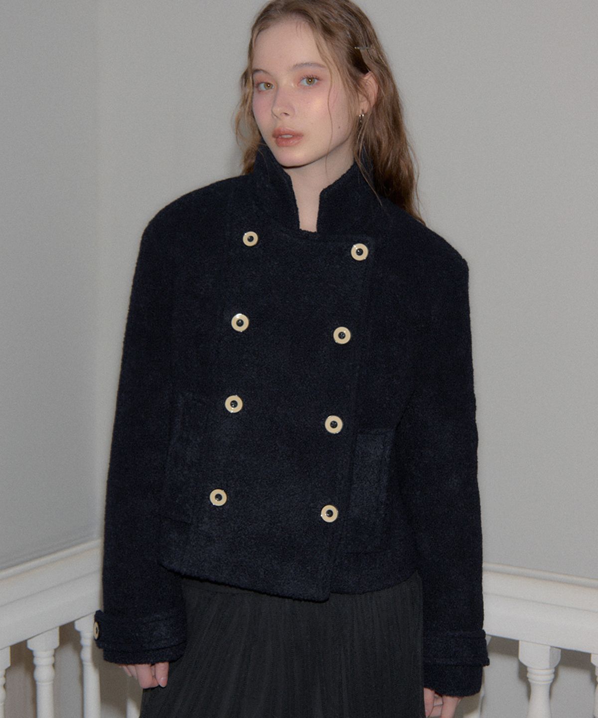 살롱 드 욘(SALON DE YOHN) Button Point Double Wool Coat_ Navy