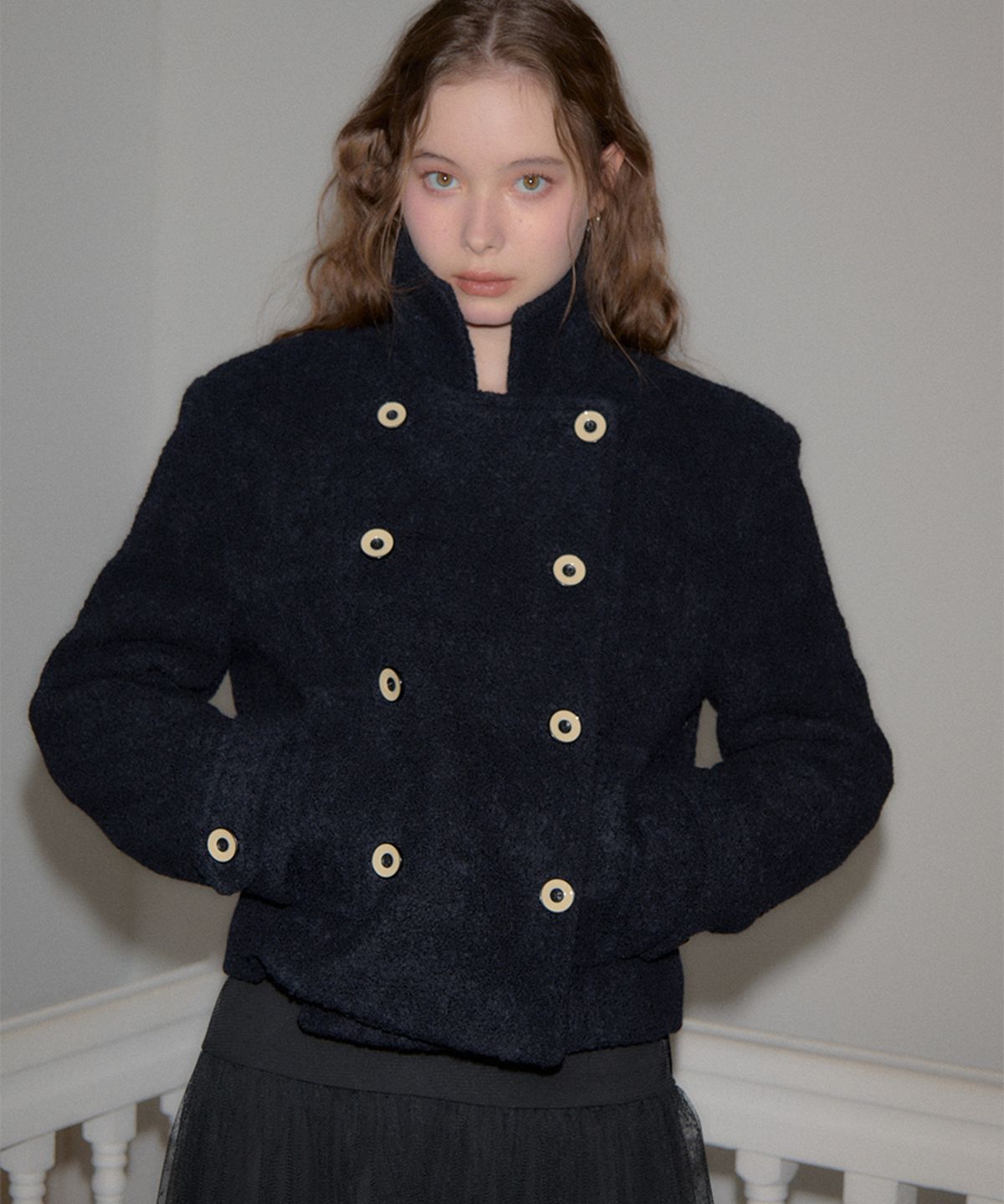 살롱 드 욘(SALON DE YOHN) Button Point Double Wool Coat_ Navy
