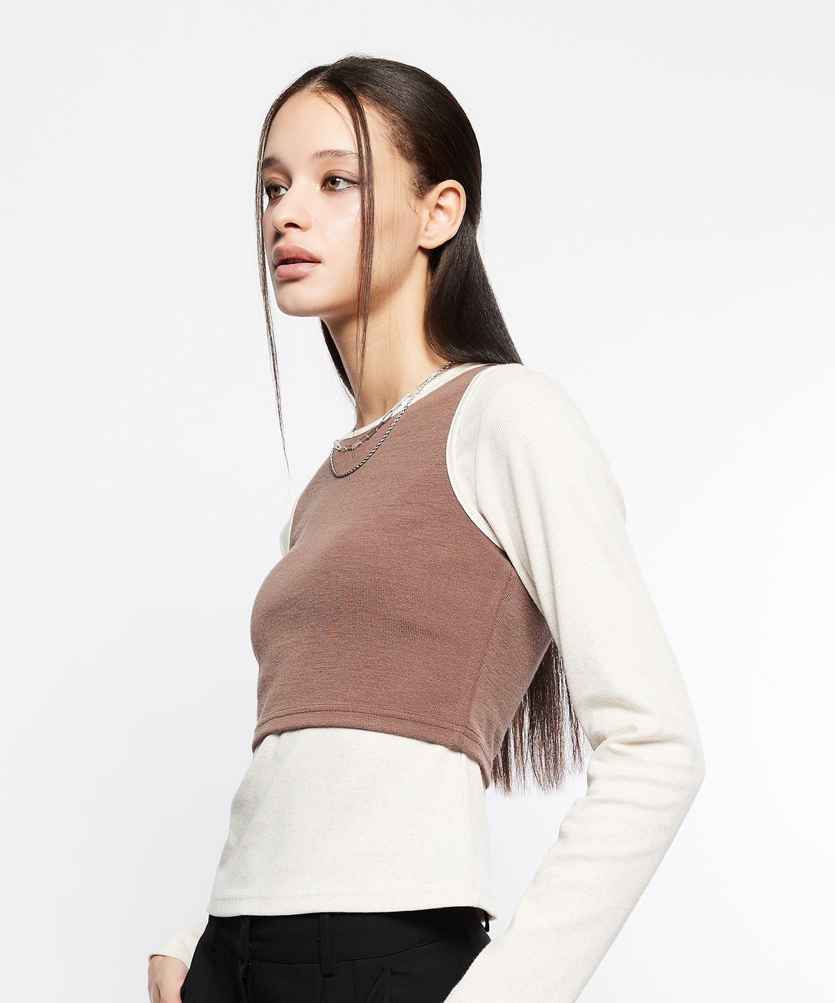 라티젠(LARTIGENT) L7 SLIM LAYERED T-SHIRT SET(BROWN)