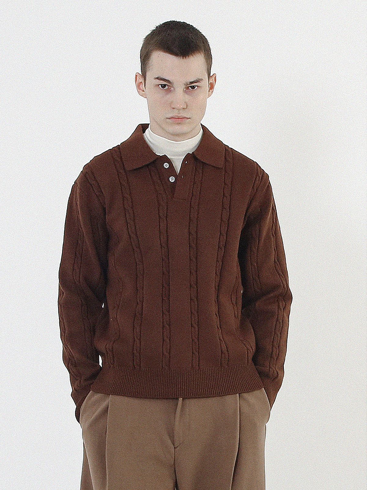 챈세스노이(CHANCE'S NOI) Modal Cable Collar Knit (Brown)