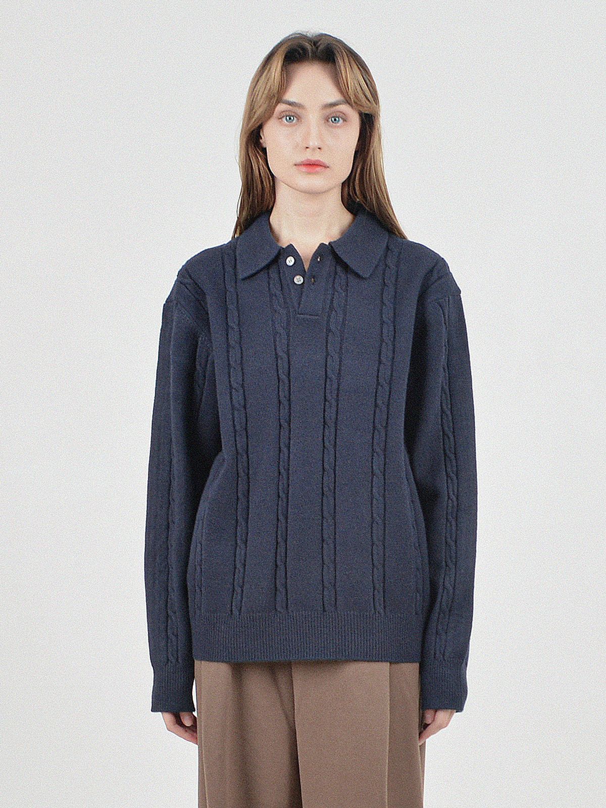 챈세스노이(CHANCE'S NOI) Modal Cable Collar Knit (Navy)