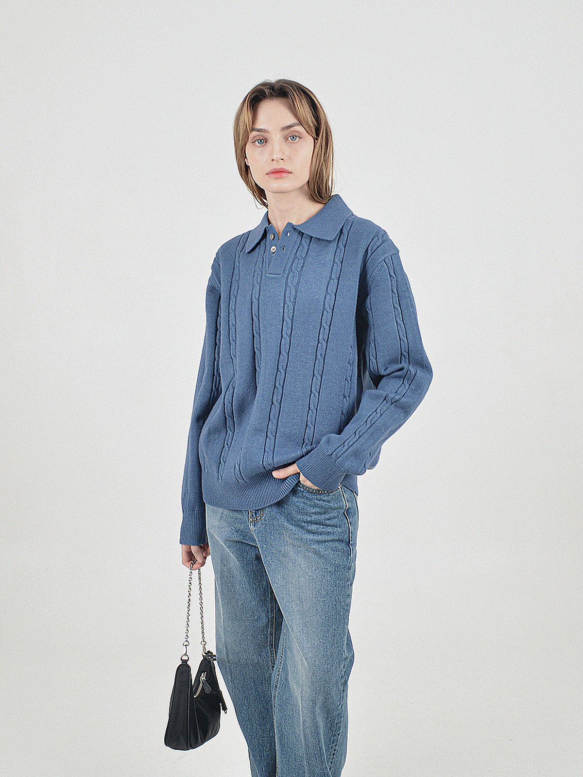 챈세스노이(CHANCE'S NOI) Modal Cable Collar Knit (Blue)