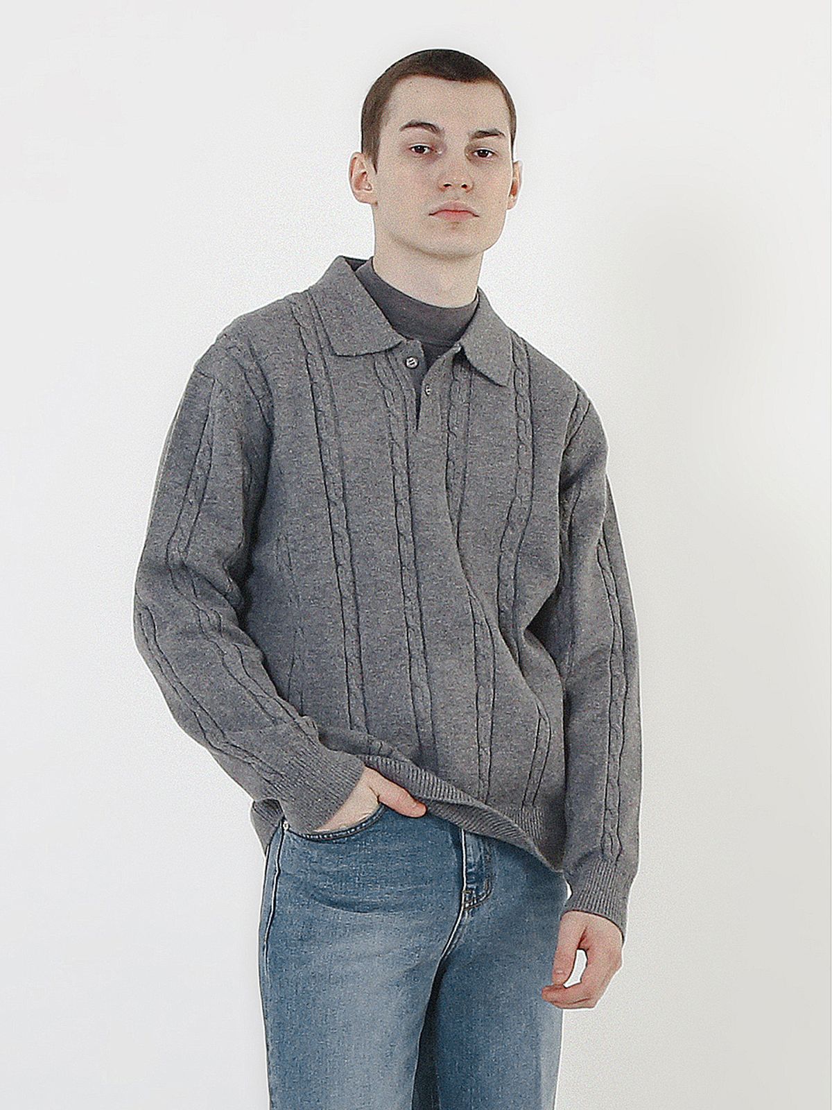 챈세스노이(CHANCE'S NOI) Modal Cable Collar Knit (Charcoal)