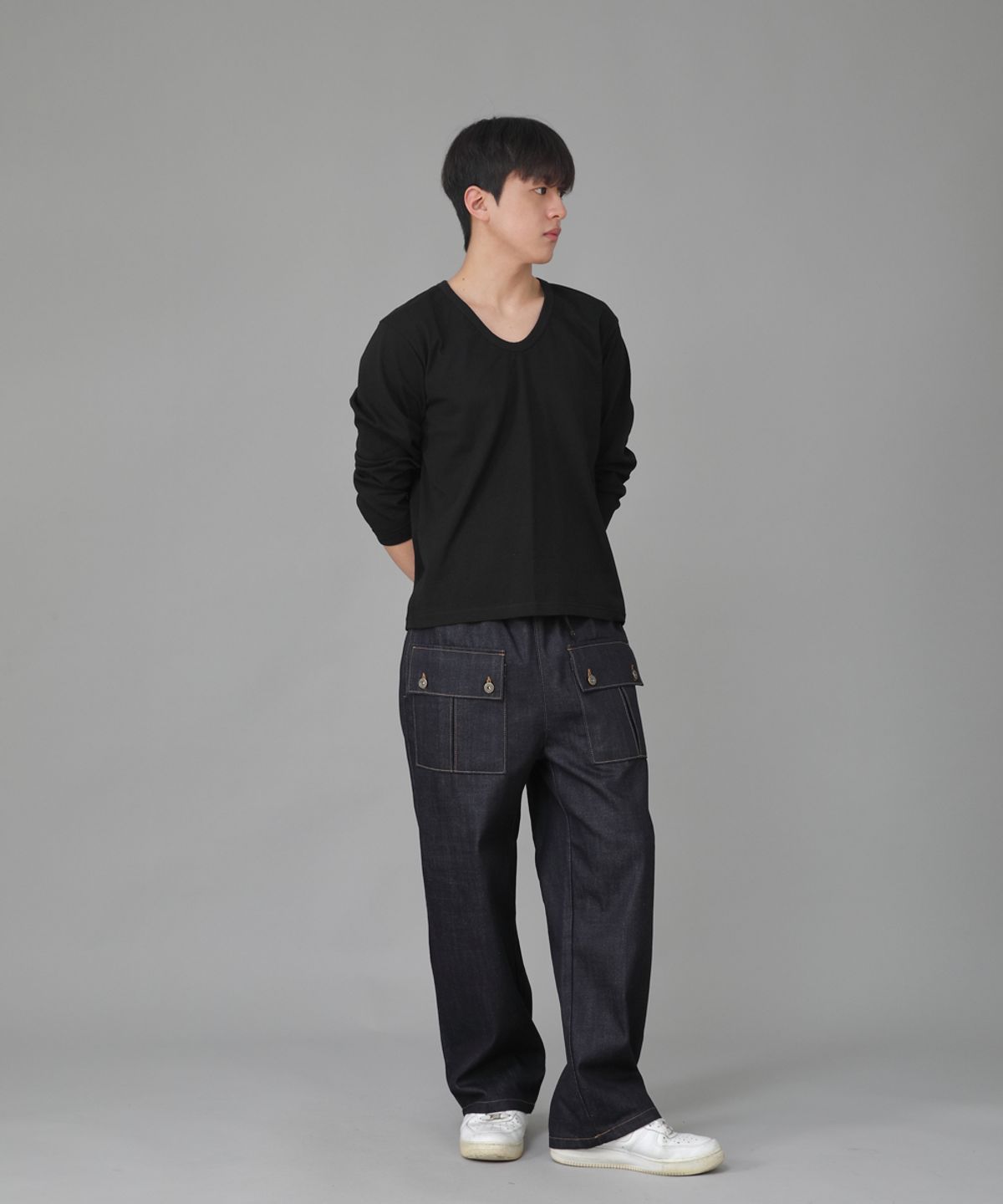 세인트크루(SAINTCREW) EX와이드 더블버튼 카고팬츠 EDC-345 데님 내추럴인디고