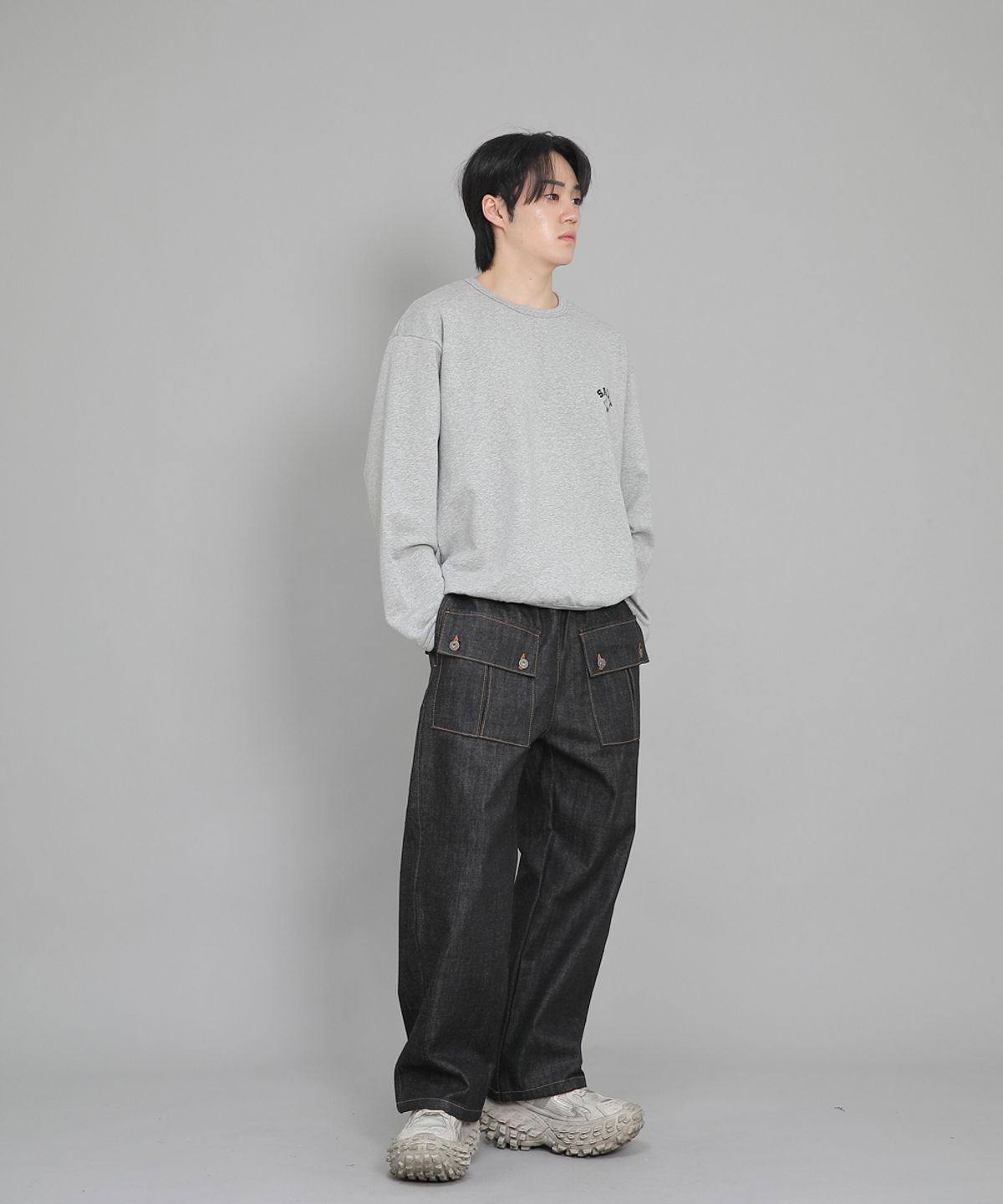 세인트크루(SAINTCREW) EX와이드 더블버튼 카고팬츠 EDC-345 데님 블랙